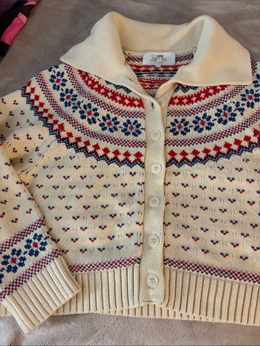 The Great. Fair Isle Cropped Cardigan in Cream - Picture 8 of 12